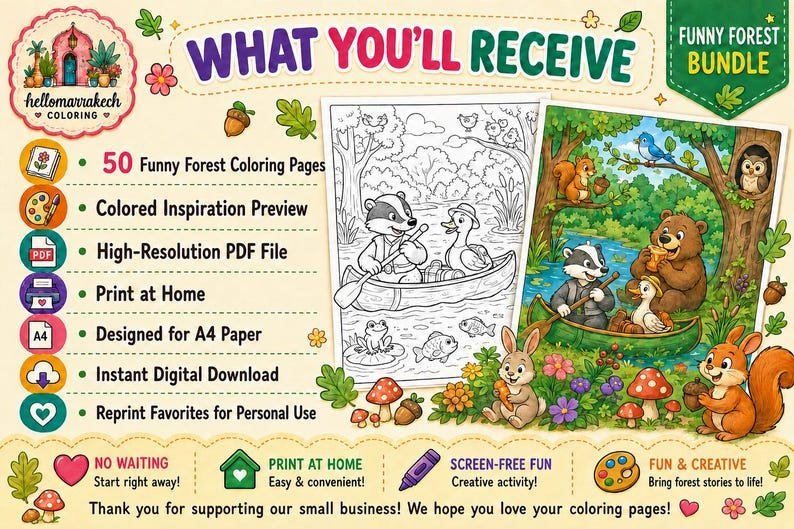 50 Funny Forest Animals Coloring Pages for Kids Ages 8, Cute Woodland Creatures Printable Coloring Book, Kids Activity Sheets