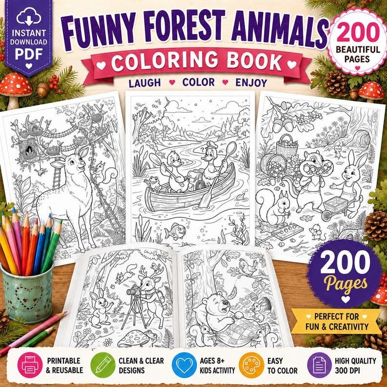 200 Forest Animals Coloring Pages, Funny Woodland Animals Coloring Book, Printable Kids Coloring Sheets, Animal Activity Book
