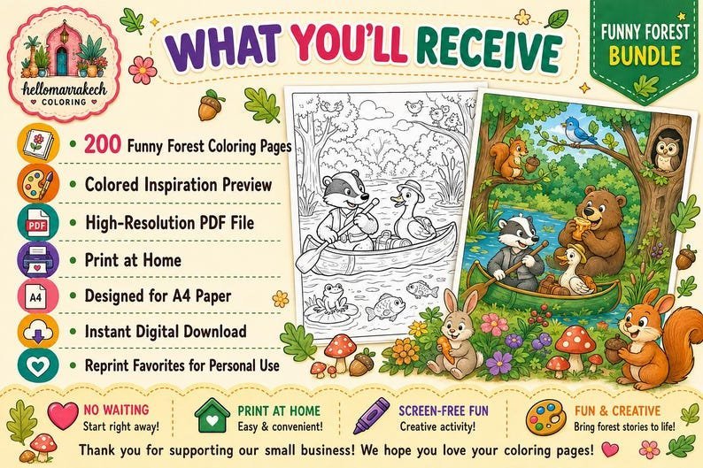 200 Forest Animals Coloring Pages, Funny Woodland Animals Coloring Book, Printable Kids Coloring Sheets, Animal Activity Book