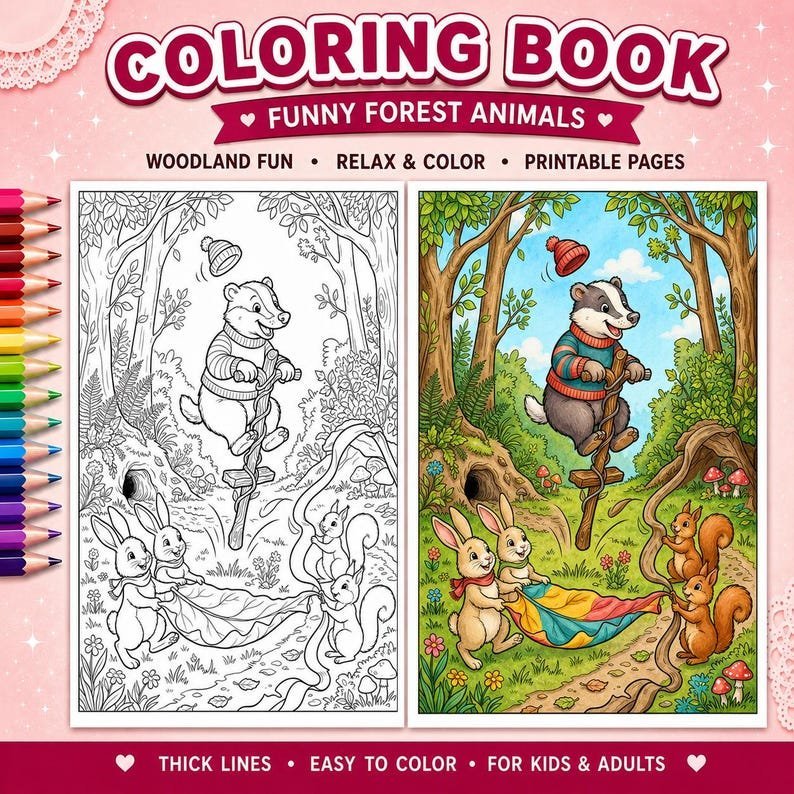 100 Forest Friends Coloring Pages for Kids, Cute Woodland Creatures Coloring Book, Printable Animal Coloring Sheets, Kids Activity