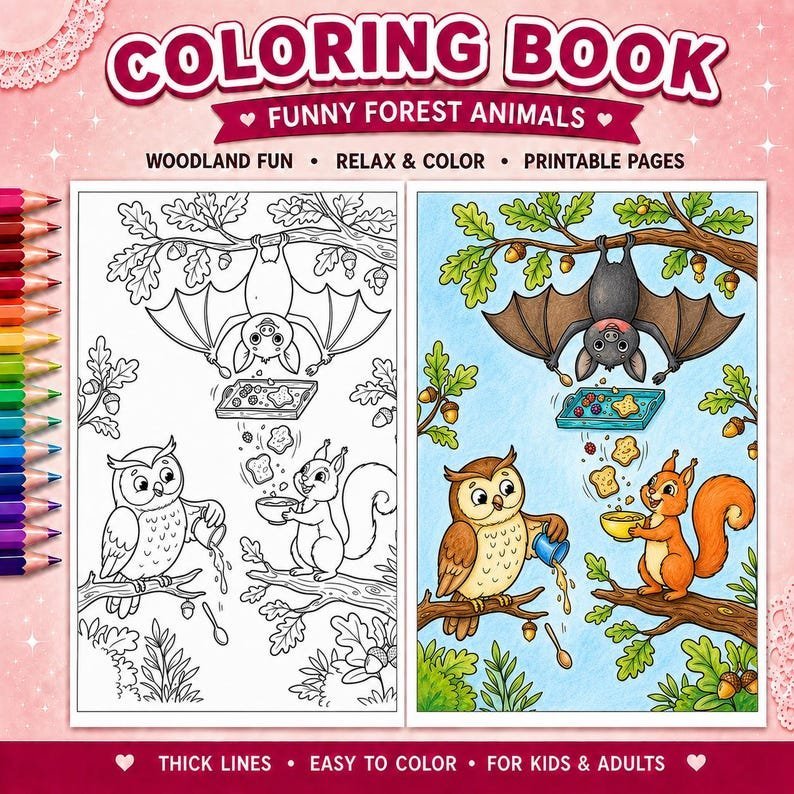 100 Forest Friends Coloring Pages for Kids, Cute Woodland Creatures Coloring Book, Printable Animal Coloring Sheets, Kids Activity