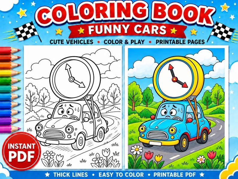 80 Car Coloring Pages for Kids Ages 6-8, Funny Car Coloring Book, Cute Vehicle Coloring Pages, Printable Kids Activity Book Digital Download