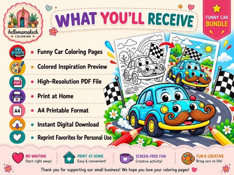80 Car Coloring Pages for Kids Ages 6-8, Funny Car Coloring Book, Cute Vehicle Coloring Pages, Printable Kids Activity Book Digital Download
