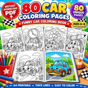 80 Car Coloring Pages for Kids Ages 6-8, Funny Car Coloring Book, Cute Vehicle Coloring Pages, Printable Kids Activity Book Digital Download