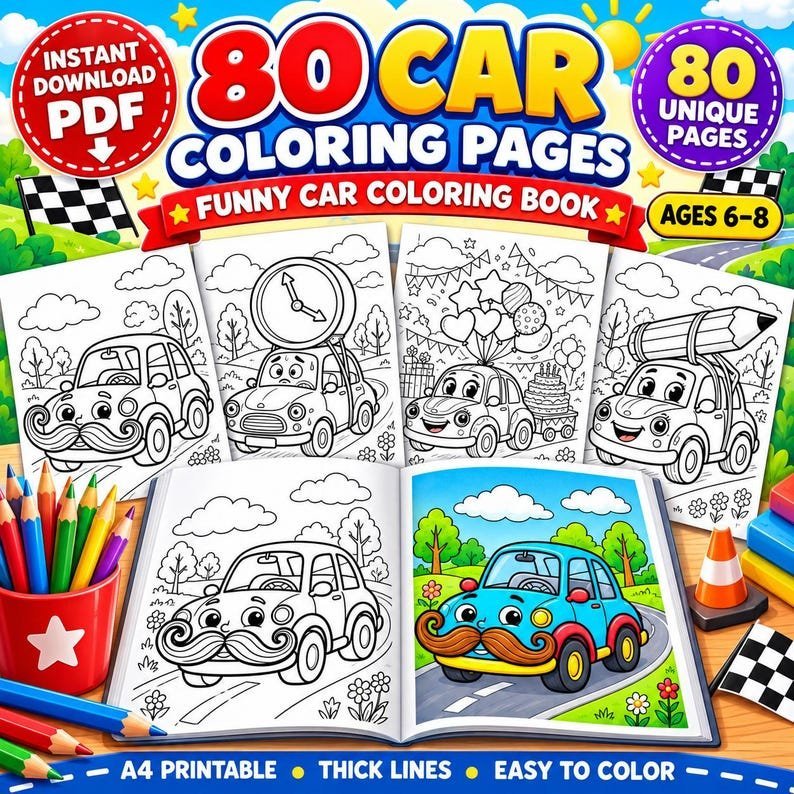 80 Car Coloring Pages for Kids Ages 6-8, Funny Car Coloring Book, Cute Vehicle Coloring Pages, Printable Kids Activity Book Digital Download
