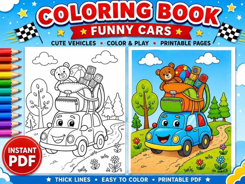 80 Car Coloring Pages for Kids Ages 6-8, Funny Car Coloring Book, Cute Vehicle Coloring Pages, Printable Kids Activity Book Digital Download