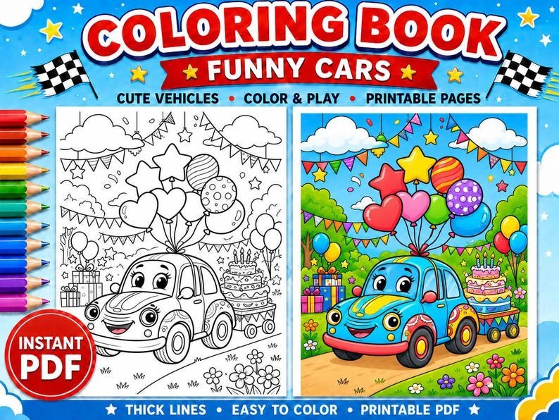 80 Car Coloring Pages for Kids Ages 6-8, Funny Car Coloring Book, Cute Vehicle Coloring Pages, Printable Kids Activity Book Digital Download