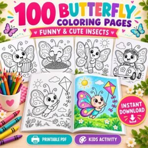 Butterfly Coloring Pages for Kids, 100 Funny Butterfly Coloring Pages, Cute Insect Coloring Book, Printable Coloring Sheets, Kids Activity