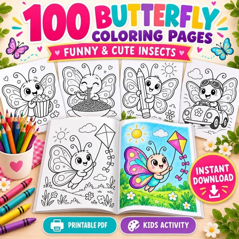 Butterfly Coloring Pages for Kids, 100 Funny Butterfly Coloring Pages, Cute Insect Coloring Book, Printable Coloring Sheets, Kids Activity