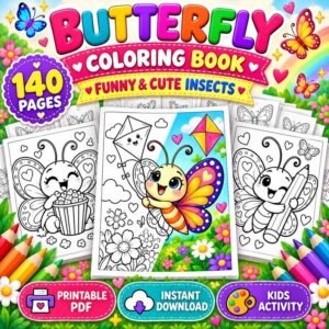140 Coloring Pages for Kids, Funny Cute Butterfly Coloring Book, Printable Insect Coloring Sheets, Kids Activity Pages Digital Download