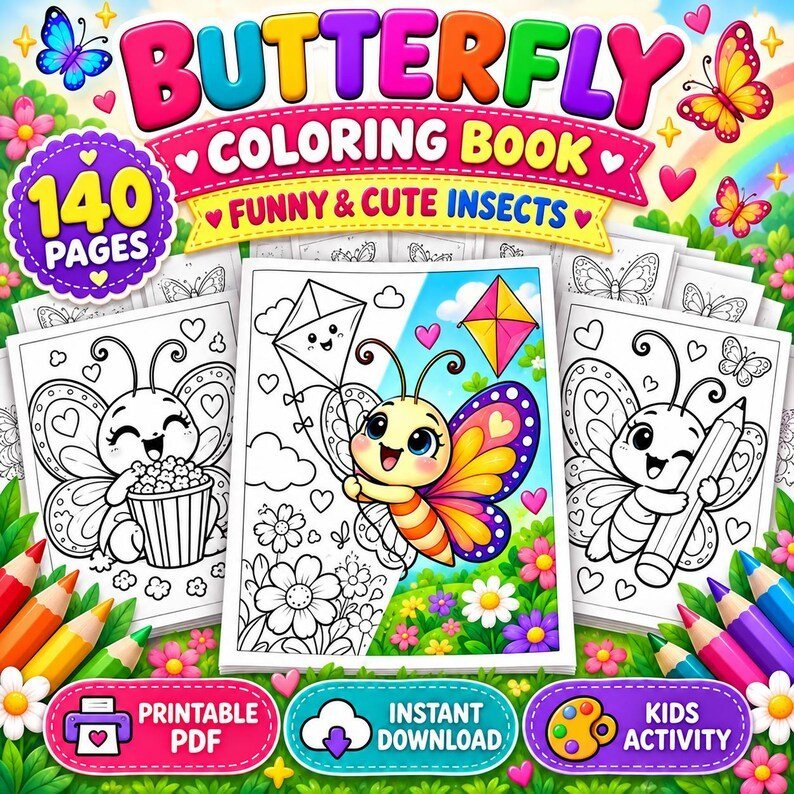 140 Coloring Pages for Kids, Funny Cute Butterfly Coloring Book, Printable Insect Coloring Sheets, Kids Activity Pages Digital Download