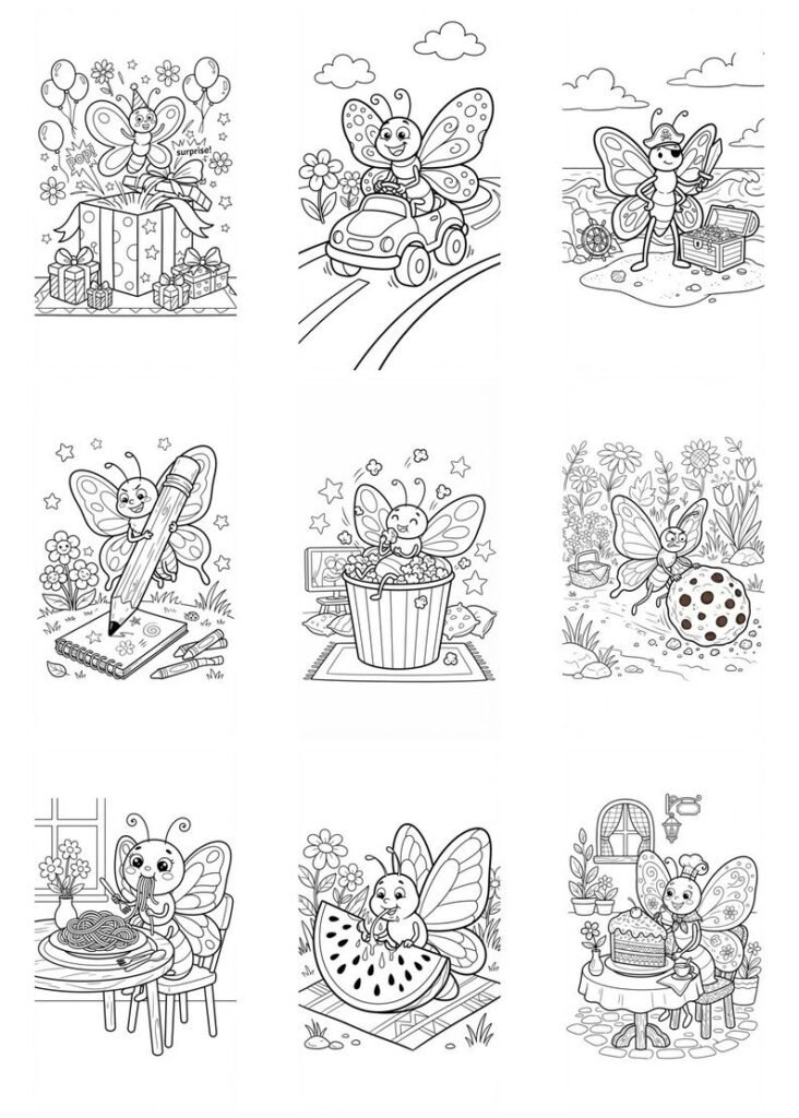 140 Coloring Pages for Kids, Funny Cute Butterfly Coloring Book, Printable Insect Coloring Sheets, Kids Activity Pages Digital Download