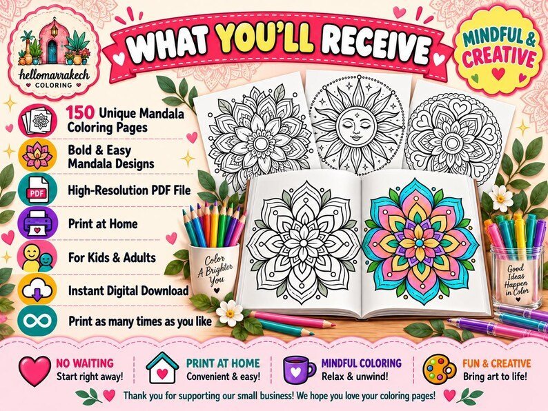 150 Mandala Coloring Pages for Kids & Adults, Bold Easy Mandala Coloring Book, Printable PDF, Mindful Stress Relief Art Activity