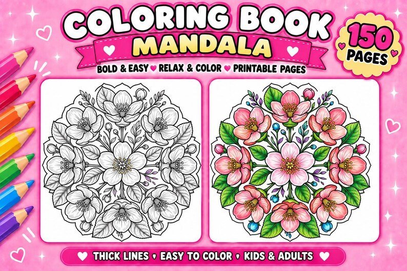 150 Mandala Coloring Pages for Kids & Adults, Bold Easy Mandala Coloring Book, Printable PDF, Mindful Stress Relief Art Activity