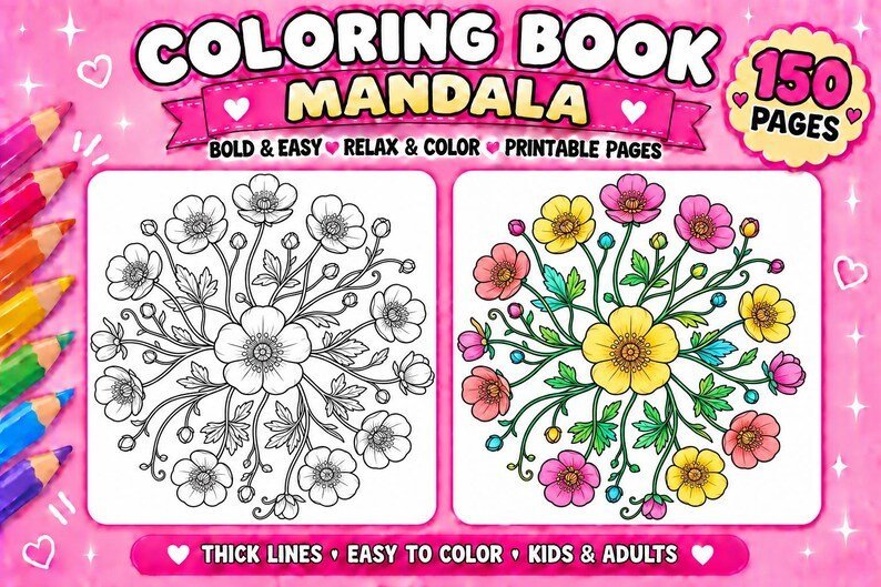 150 Mandala Coloring Pages for Kids & Adults, Bold Easy Mandala Coloring Book, Printable PDF, Mindful Stress Relief Art Activity
