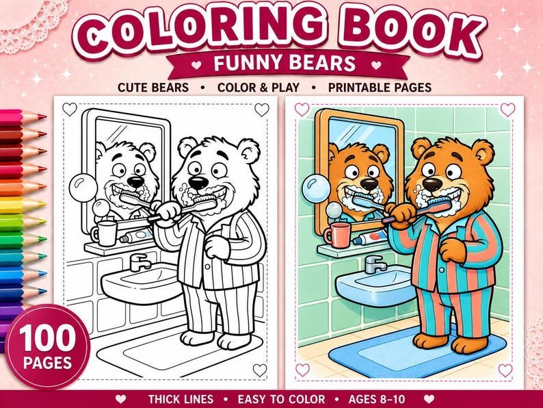 Funny Bear Coloring Book for Kids Ages 8-10, Cute Animal Activity Pages, 100 Printable PDF Coloring Sheets, Kids Digital Download