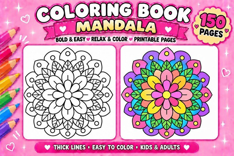150 Mandala Coloring Pages for Kids & Adults, Bold Easy Mandala Coloring Book, Printable PDF, Mindful Stress Relief Art Activity