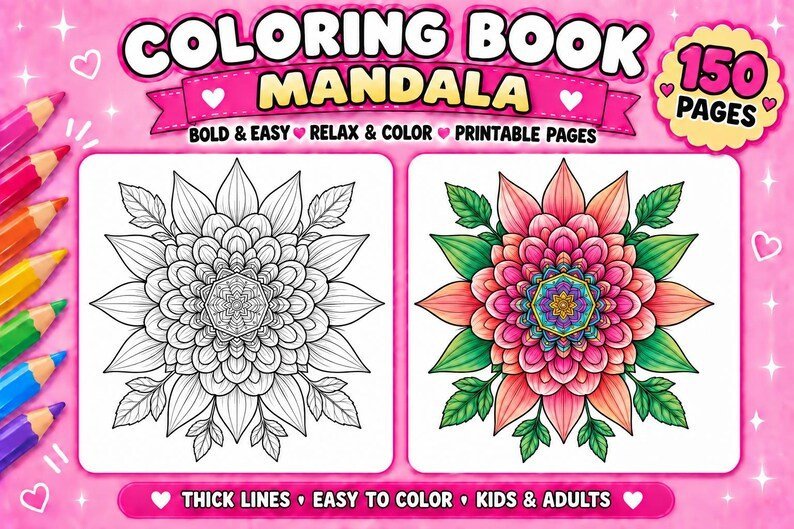 150 Mandala Coloring Pages for Kids & Adults, Bold Easy Mandala Coloring Book, Printable PDF, Mindful Stress Relief Art Activity