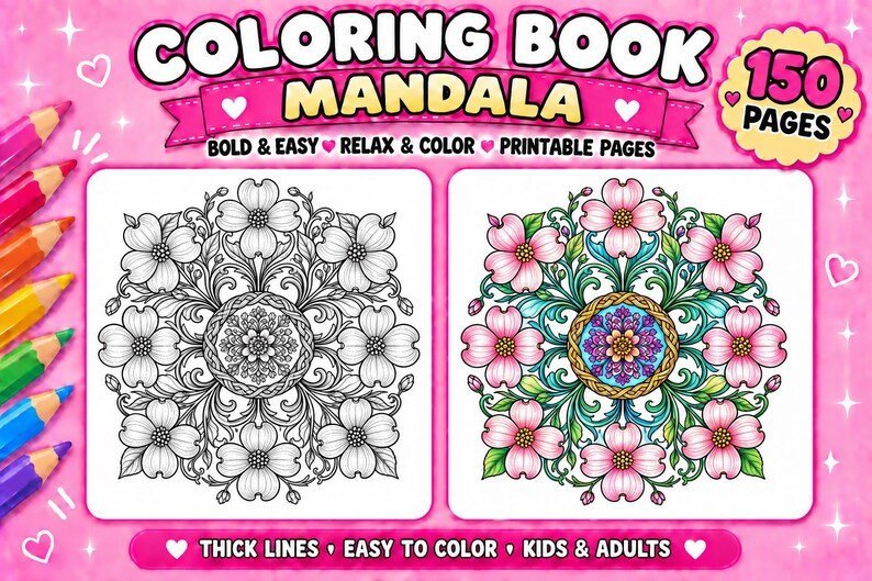 150 Mandala Coloring Pages for Kids & Adults, Bold Easy Mandala Coloring Book, Printable PDF, Mindful Stress Relief Art Activity