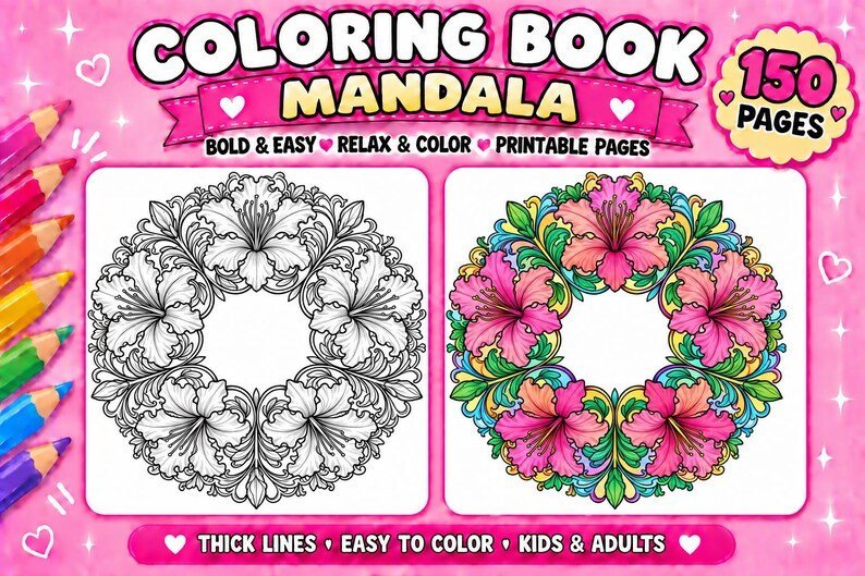 150 Mandala Coloring Pages for Kids & Adults, Bold Easy Mandala Coloring Book, Printable PDF, Mindful Stress Relief Art Activity