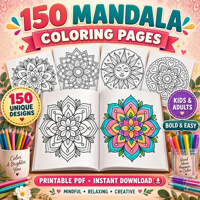 150 Mandala Coloring Pages for Kids & Adults, Bold Easy Mandala Coloring Book, Printable PDF, Mindful Stress Relief Art Activity