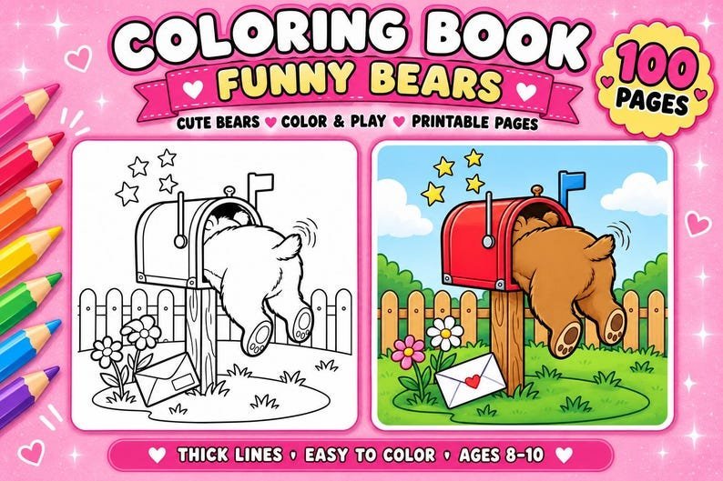 Funny Bear Coloring Pages for Kids, 100 Cute Bear Coloring Sheets, Coloring Book Ages 8-10, Printable PDF Digital Download