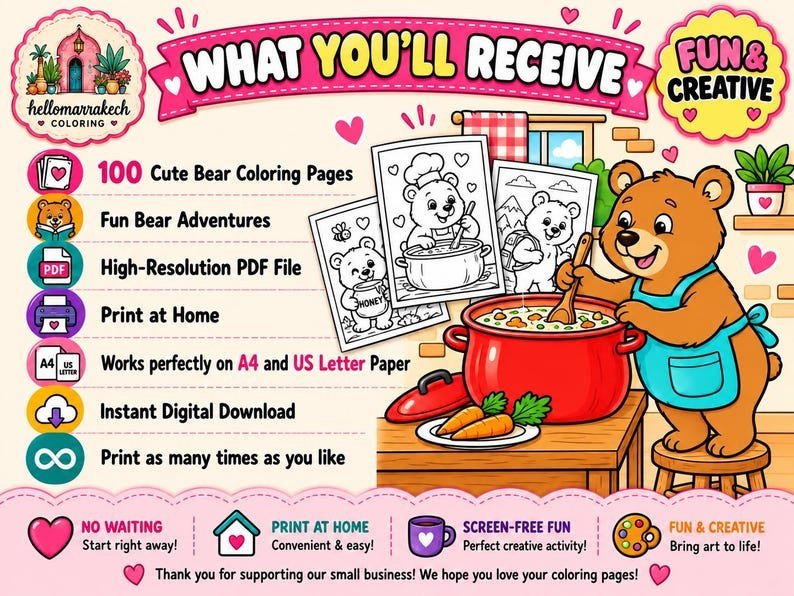 Funny Bear Coloring Book for Kids Ages 8-10, Cute Animal Activity Pages, 100 Printable PDF Coloring Sheets, Kids Digital Download